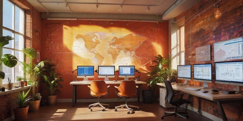 A vibrant online marketing workspace with digital tools, charts, and ethnic patterns, showcasing diversity in digital marketing strategies.