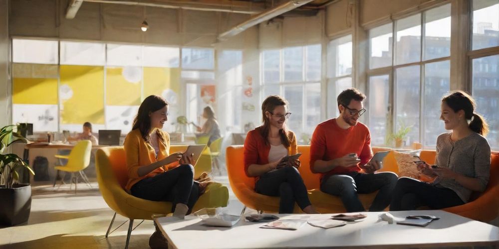 An engaging social media marketing scene, featuring diverse people interacting with digital devices and discussing niche products in a vibrant office setting.
