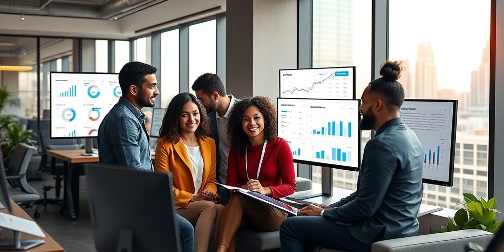 A diverse team analyzing digital marketing analytics on multiple screens, showing social media engagement graphs and audience segmentation data, with focused expressions in a modern office setting.