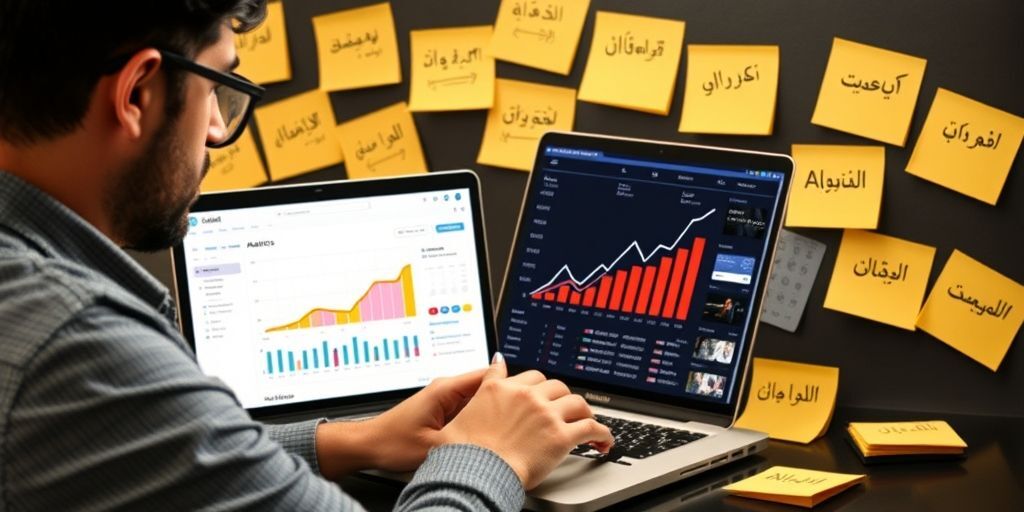 A Persian entrepreneur creating targeted social media content on laptop, showing analytics dashboard with rising engagement graphs, surrounded by sticky notes with Persian marketing keywords.
