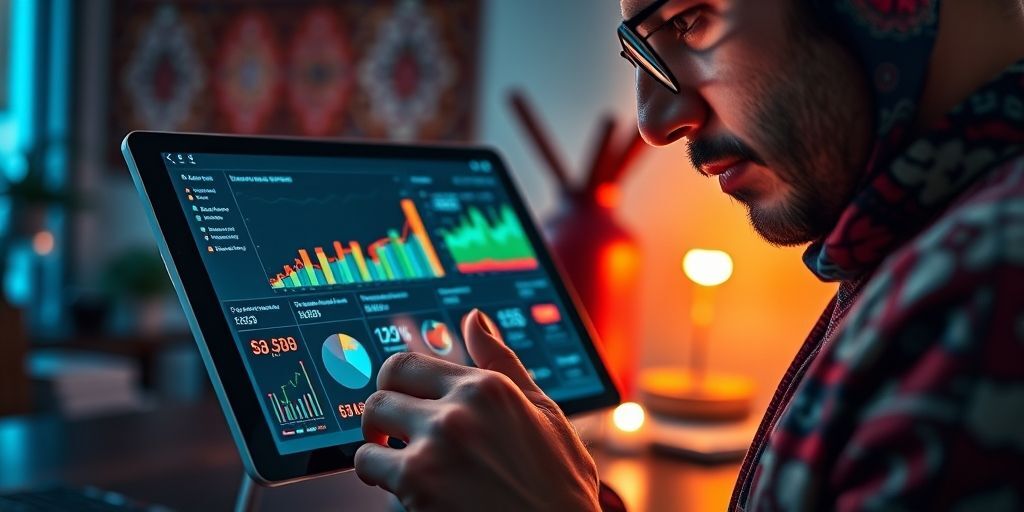 Close-up of a Persian marketer adjusting digital dashboard on tablet, showing real-time metrics like ROI, engagement rate, and conversion metrics, with Persian interface visible.