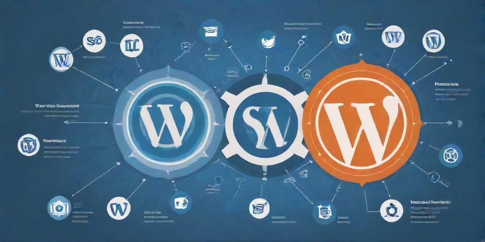 A visual representation of SEO strategies with WordPress logos and website interface examples, illustrating the connection between WordPress and effective SEO practices.