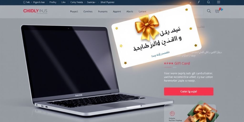 A modern e-commerce product page showing a laptop with a visually appealing gift card offer displayed prominently next to it. The gift card has a golden ribbon design and text in Persian, floating above the product with a subtle glow effect.