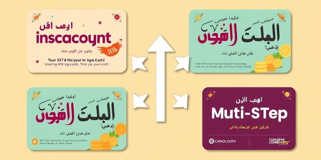 A creative collage showing four different types of gift cards: discount, instant gift, exchange, and multi-step. Each card has distinct Persian typography and design elements, arranged in a dynamic layout with purchase conversion arrows pointing upwards.
