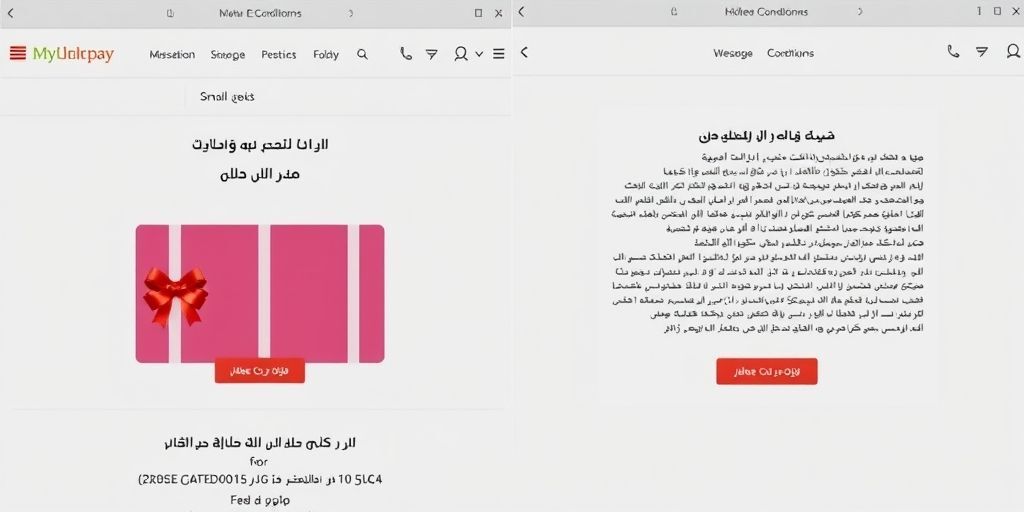 A split-screen comparison showing a well-designed gift card implementation on a Persian e-commerce site (left) versus a poorly executed one with small text and hidden conditions (right). The good side has clear call-to-action and smiling customer icons.