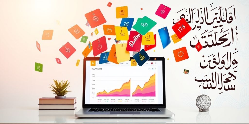 A vibrant collage showing various colorful gift cards floating above a laptop displaying website analytics with rising traffic graphs. Persian calligraphy elements subtly integrated in background.
