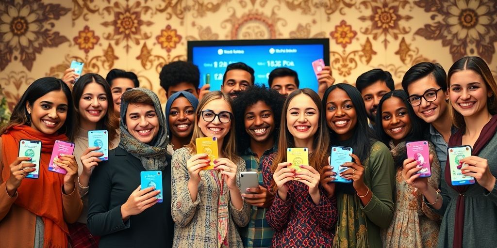 A diverse group of people smiling while holding gift cards, with mobile devices showing social media notifications and website visit counters in the background. Modern Persian design patterns frame the image.