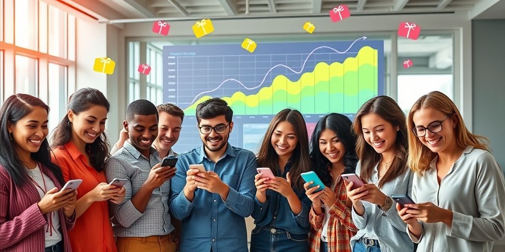 A vibrant digital marketing dashboard showing rising CTR graphs, with colorful gift card icons floating above it. A diverse group of people are clicking enthusiastically on mobile devices with smiley faces, set against a modern office background.