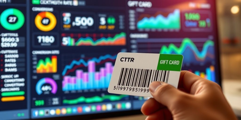 An analytics dashboard showing CTR growth, conversion rates and ROI metrics with upward trends. A gift card with a unique barcode is being scanned, symbolizing tracking and measurement.