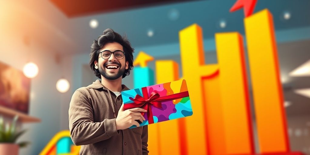A vibrant digital illustration showing a happy customer holding a colorful gift card, with abstract loyalty graphs rising in the background, symbolizing customer retention and brand growth.