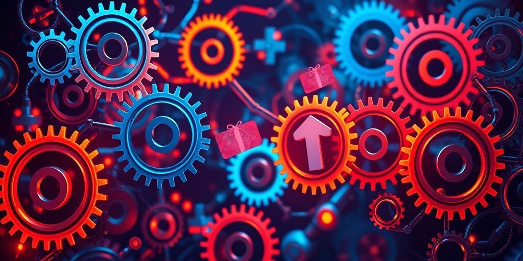 An abstract digital concept showing interconnected gears and gift card icons flowing between a CRM system and an e-commerce platform, symbolizing seamless integration.