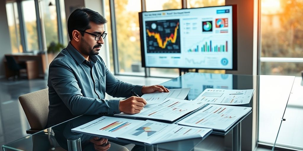 A focused Persian businessman in a modern office, thoughtfully reviewing multiple startup investment documents spread on a glass desk, with strategic planning charts visible on a monitor in the background. Soft natural light creates a professional atmosphere.