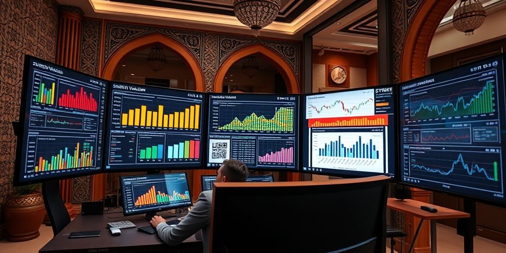 A modern financial analyst working on multiple screens showing charts and graphs related to startup valuation, with a focus on revenue projections and discount rates, in a sleek office environment with Persian design elements.