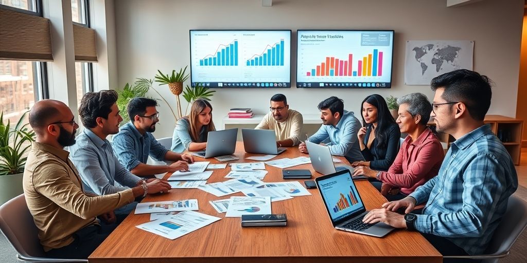 A diverse group of startup founders discussing asset valuation around a table filled with documents and digital tablets, with charts on the wall showing intellectual property growth metrics, in a modern co-working space.