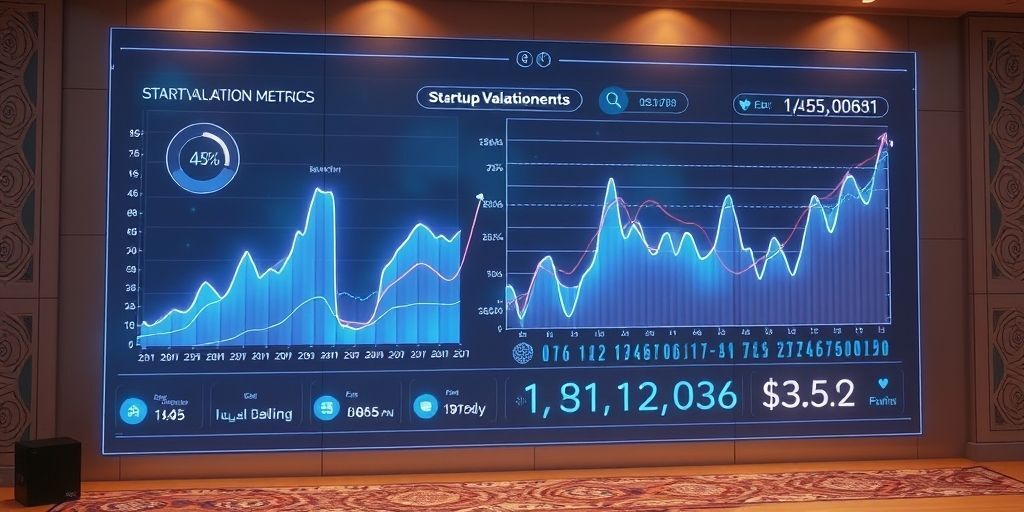 A futuristic interface showing AI-powered startup valuation metrics, with holographic charts and real-time data streams, blending digital elements with a minimalist Persian aesthetic background.
