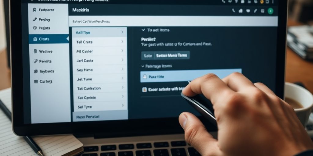 A close-up of a hand using a mouse to customize WordPress menu settings on a desktop interface, showing Persian menu items being rearranged with drag-and-drop functionality, with a notebook and coffee cup nearby.
