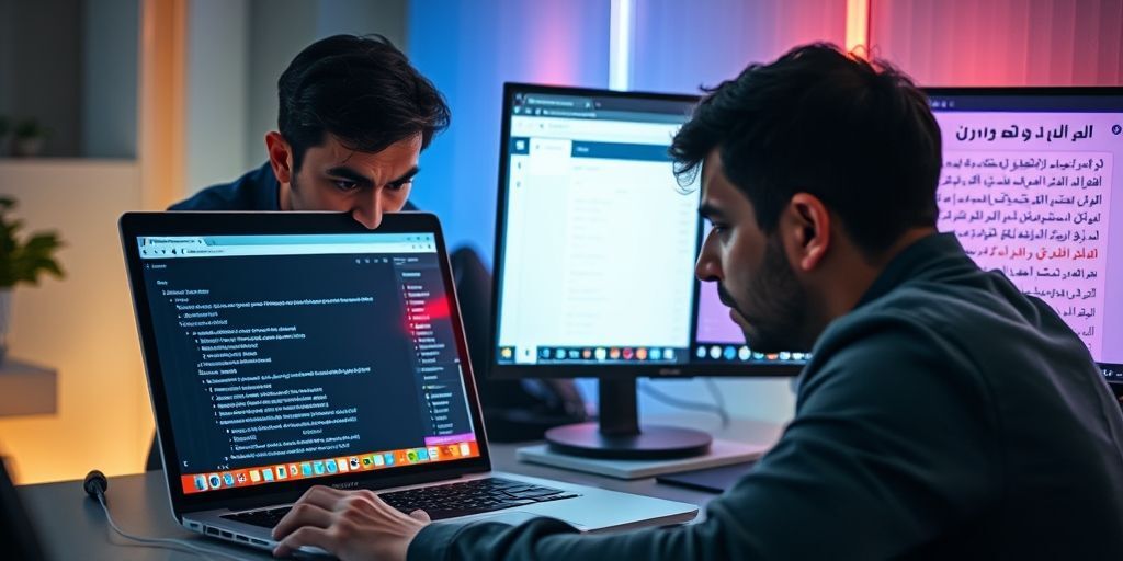 A frustrated person looking at a laptop screen showing a broken WordPress menu with missing items, alongside a second screen displaying the solution with a properly structured menu in Persian.