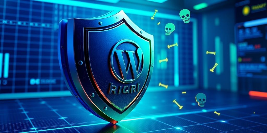 A 3D illustration showing a shield protecting a WordPress login form, with hacker symbols like skulls and crossed swords bouncing off the shield, using vibrant blue and green security-themed colors.