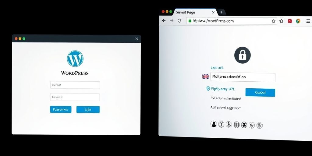 A split-screen comparison showing default WordPress login page on left vs a custom secure login page on right with changed URL and additional security features, using realistic browser interfaces.