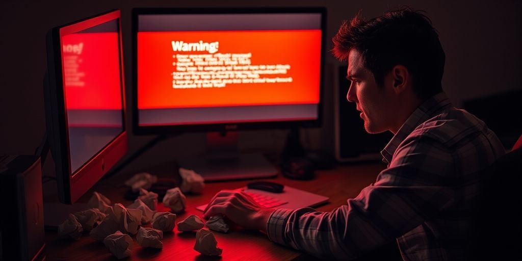 A frustrated person at a computer with a red warning error message on screen, surrounded by crumpled paper balls, symbolizing common WordPress configuration mistakes.