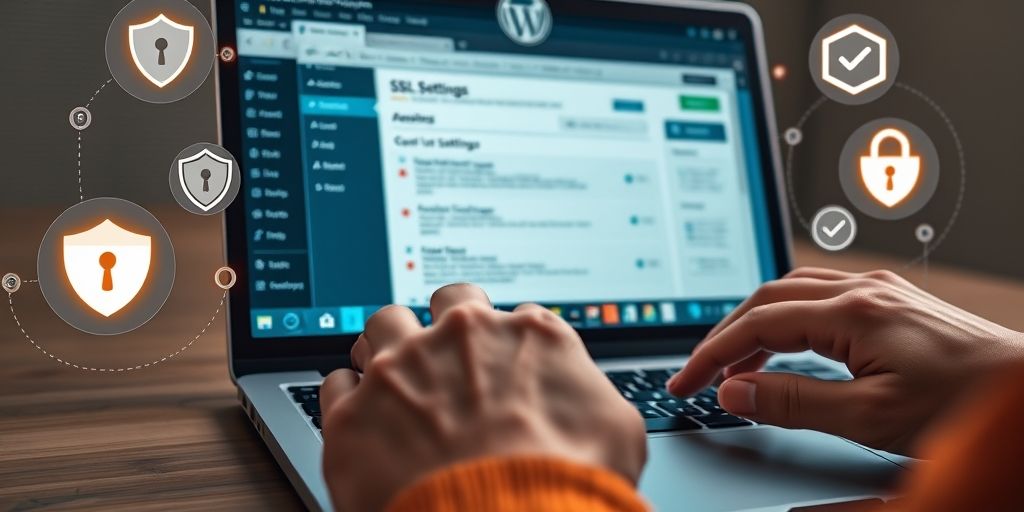 A close-up of hands typing on a laptop keyboard showing a WordPress dashboard with SSL settings highlighted, surrounded by security icons like shields and checkmarks.