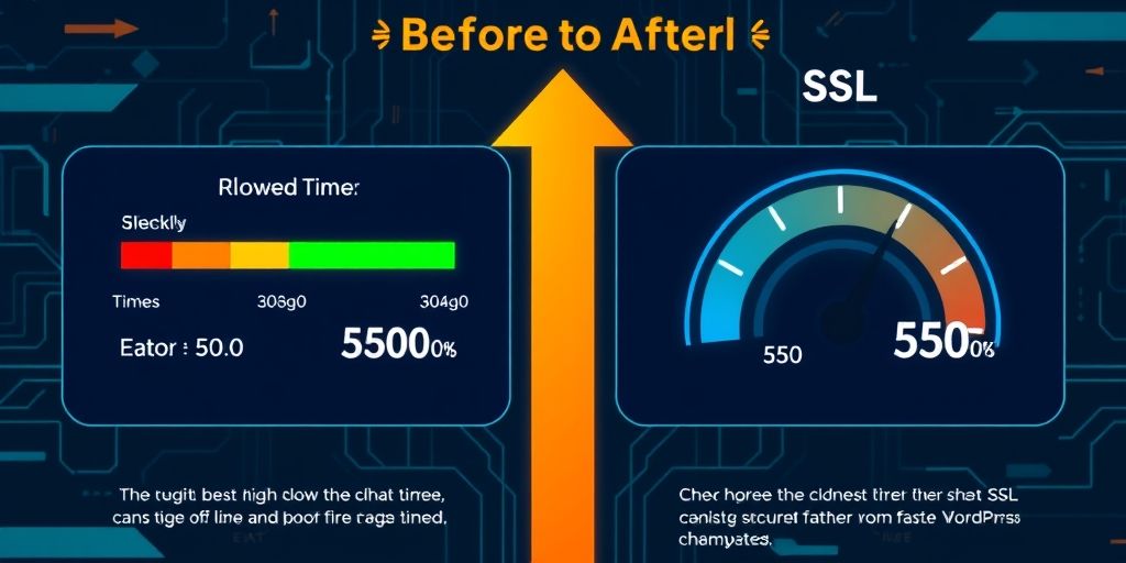 An animated infographic showing before/after speed test results of a WordPress site with SSL, comparing loading times with clear improvement arrows.