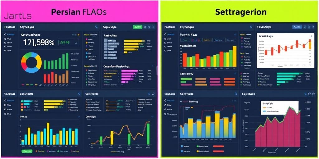 A side-by-side comparison of Persian and English SEO dashboards, highlighting keyword gaps and content opportunities with colorful data visualizations.