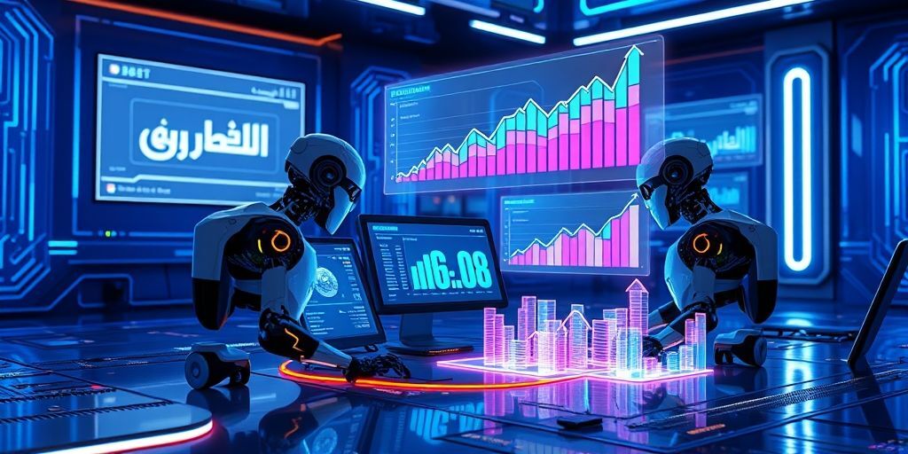 A 3D render of AI robots working on a Persian website SEO audit, with floating holograms showing traffic growth statistics.
