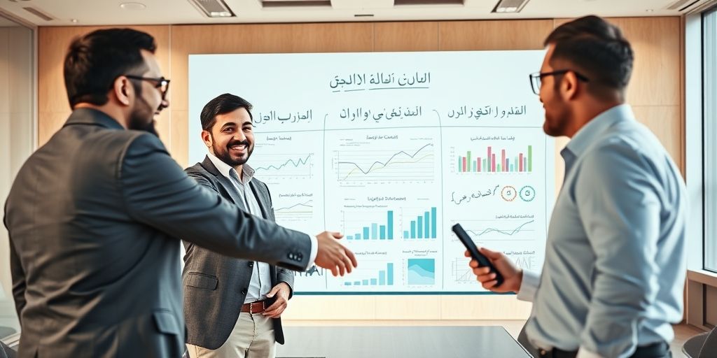 An Iranian startup founder shaking hands with investors, with a transparent whiteboard showing financial projections and market analysis charts in Persian.
