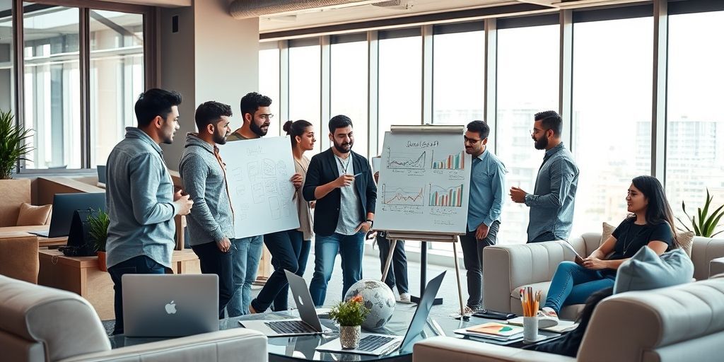 A diverse team of young Iranian entrepreneurs passionately discussing startup valuation metrics on a whiteboard in a modern Tehran co-working space, with laptops and financial charts visible, natural daylight illuminating the scene.
