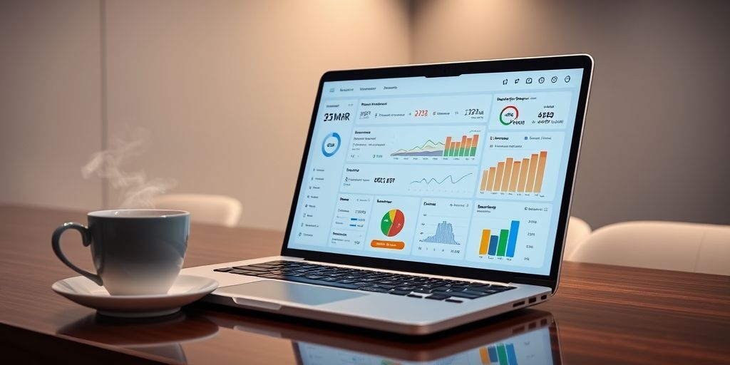 A detailed dashboard on a laptop screen showing key startup metrics like Monthly Recurring Revenue (MRR), Customer Acquisition Cost (CAC), and User Growth Rate, overlaid with Persian annotations, in a minimalist office setting with a cup of tea.