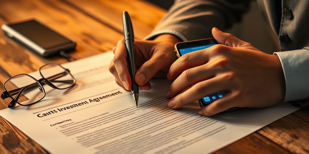 Close-up of hands signing an important startup investment term sheet on a wooden desk, with a pen, glasses, and a smartphone showing a valuation calculator app, warm lighting.