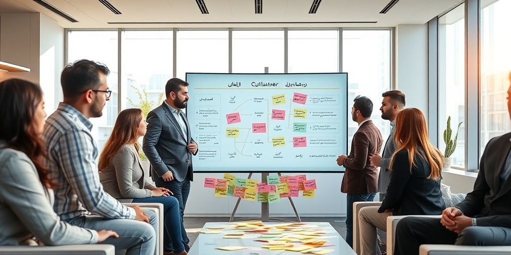 A diverse group of Iranian professionals intently discussing customer journey maps on a digital screen, surrounded by sticky notes with Persian writing, in a bright, modern Tehran office setting.