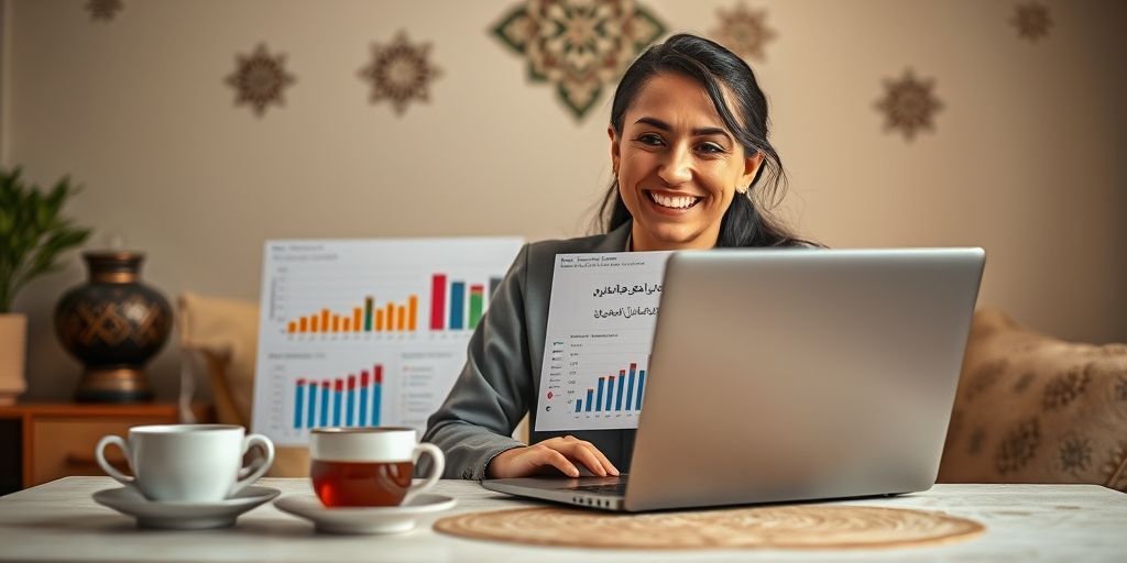 An Iranian woman entrepreneur smiling while showing personalized digital dashboards on her laptop screen, displaying customer data analytics in Persian, with a cup of tea and traditional Persian motifs subtly in the background.