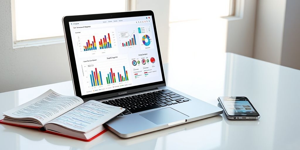 A modern laptop displaying colorful Persian-language analytics dashboards with graphs and charts tracking customer engagement metrics, next to a notebook with handwritten notes in Farsi and a smartphone showing social media notifications.