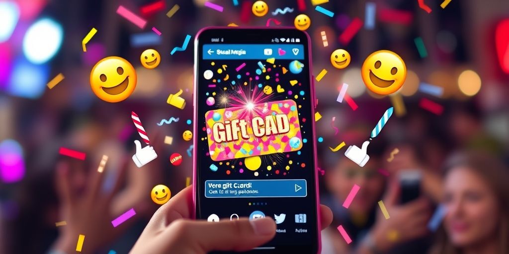 A vibrant social media contest post on a smartphone screen, showing a colorful gift card design with confetti animation, surrounded by enthusiastic emoji reactions and share icons, conveying excitement and participation.