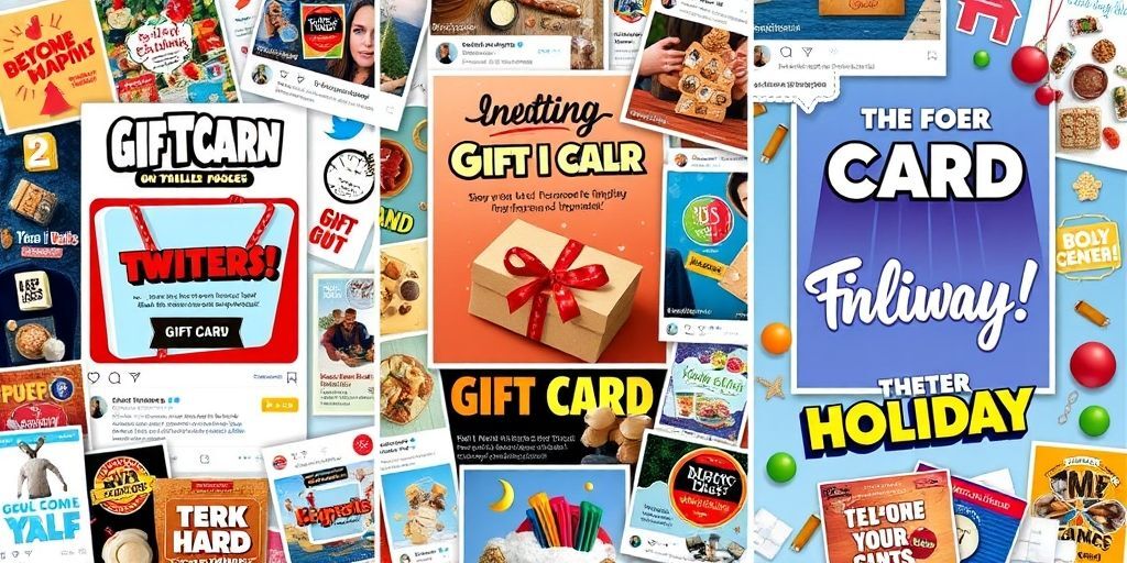 A diverse collage showing different social media platforms (Instagram, Twitter, Facebook) with creative gift card campaign examples: a contest announcement, a customer appreciation post, and a holiday giveaway, all visually engaging.