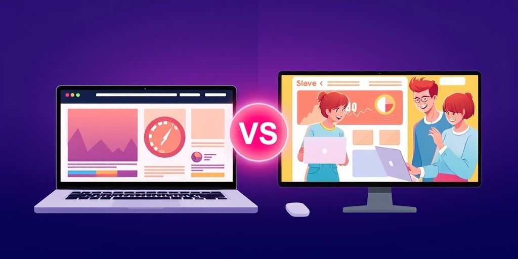 A split-screen comparison showing a slow-loading WordPress website (left) with a loading spinner vs a fast website (right) with happy users browsing content, with speed metrics visible in the background