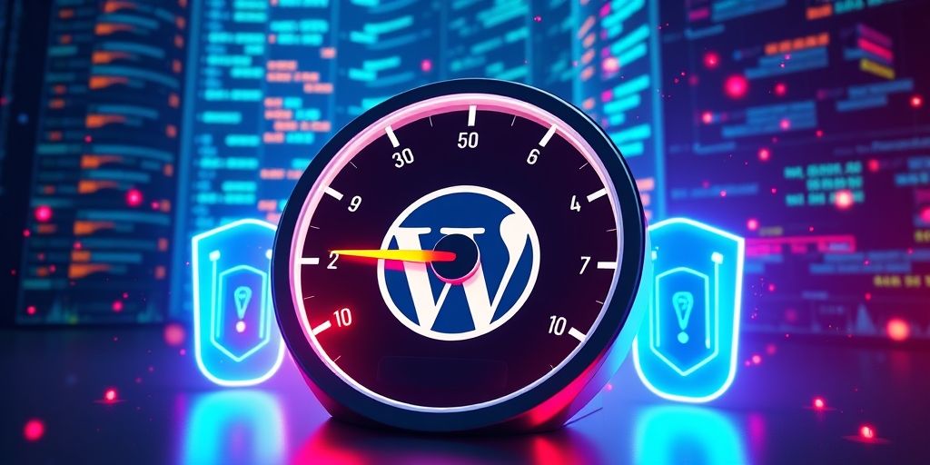 A 3D illustration showing a speedometer with WordPress logo, database tables optimizing in background, and caching layers represented as glowing shields around a website, dynamic particles indicating speed