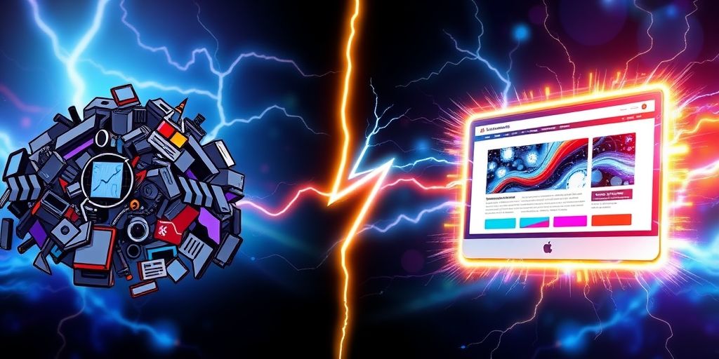 A split-screen comparison showing a slow WordPress site vs a fast one with lightning effects, caching layers visualized as protective shields around the faster site