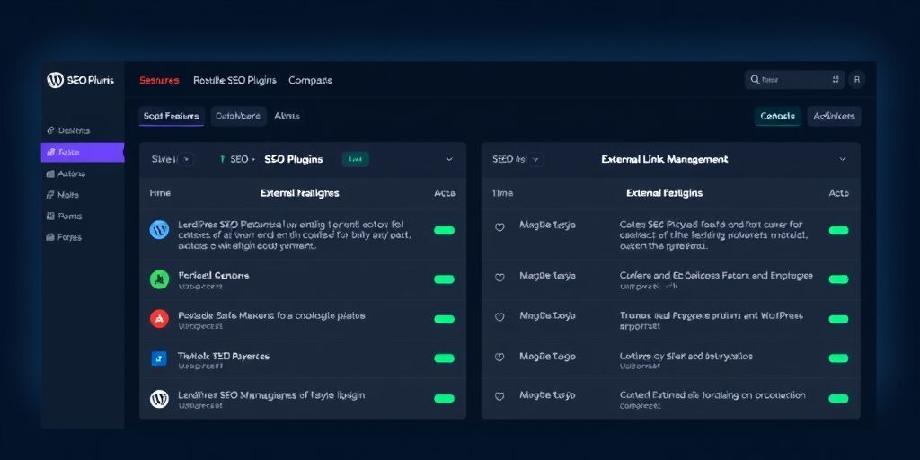 A dashboard view showing side-by-side comparison of popular WordPress SEO plugins with highlighted features for external link management, displayed on a sleek dark-themed interface.