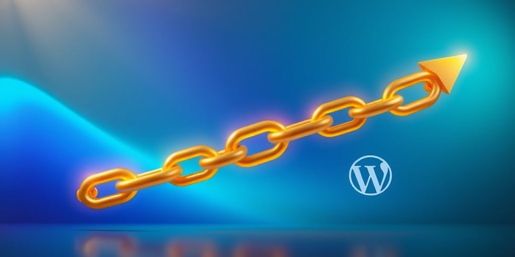 A conceptual image showing a golden chain link transforming into an upward trending graph, symbolizing the positive SEO impact of optimized external links, with a WordPress logo subtly integrated in the background.