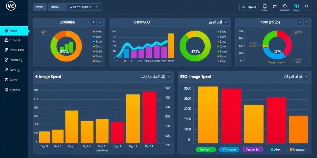 A colorful dashboard showing WordPress plugins optimizing image sizes, with before/after comparisons of loading speed and SEO scores in Persian language.