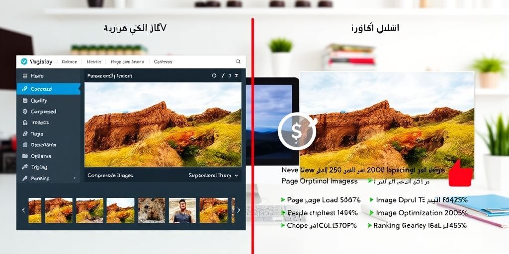 A side-by-side comparison of image quality in WordPress media library showing compressed vs original files, with Persian interface and visible SEO metrics improvement.