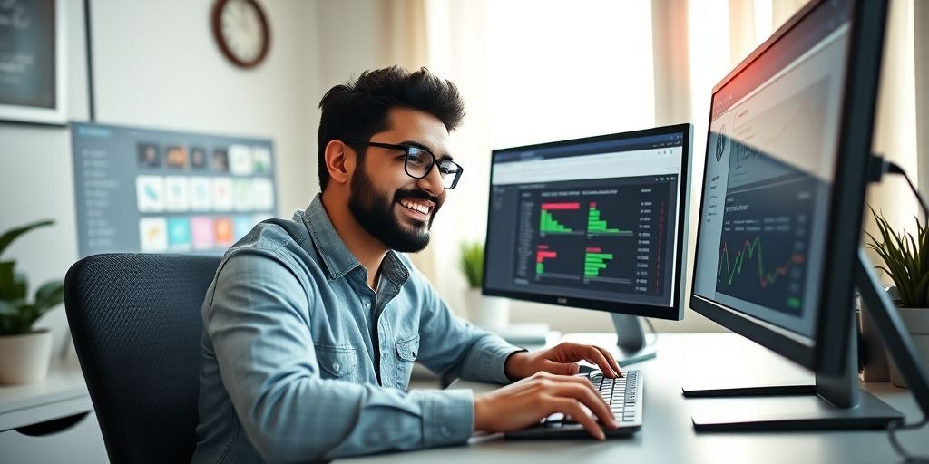A Persian web developer using WordPress dashboard with SEO plugins visible, smiling while checking improved page speed scores on GTmetrix.