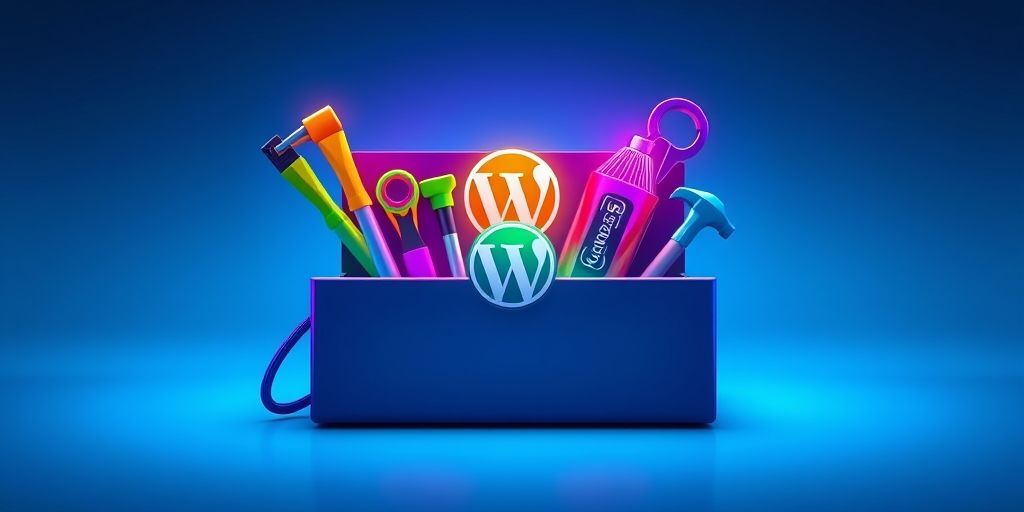 A vibrant digital illustration showing a WordPress dashboard with essential plugins neatly organized like tools in a toolbox, each glowing with a unique color against a clean blue background, symbolizing efficiency and customization.