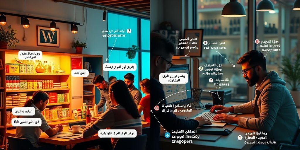 A split-screen image showing a diverse group of people using WordPress plugins for different purposes: one side shows e-commerce settings, the other shows blog optimization tools, with clear Persian labels highlighting functionality.
