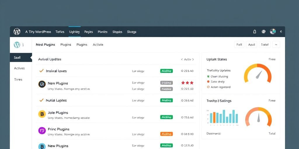 A clean, organized WordPress plugin management dashboard showing only essential plugins activated, with visual indicators for updates and performance scores, emphasizing efficiency.
