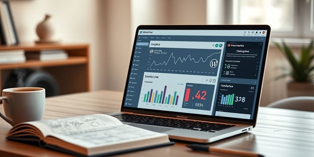 A modern WordPress dashboard on a laptop screen, showing real-time analytics graphs, key performance indicators, and customizable widgets in Persian language, with a notebook and coffee cup in the background.