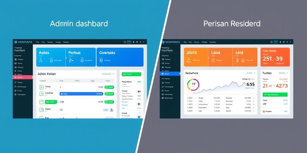 A split-screen comparison showing a default WordPress dashboard vs a customized version with color-coded sections, Persian calendar integration, and localized sales metrics.